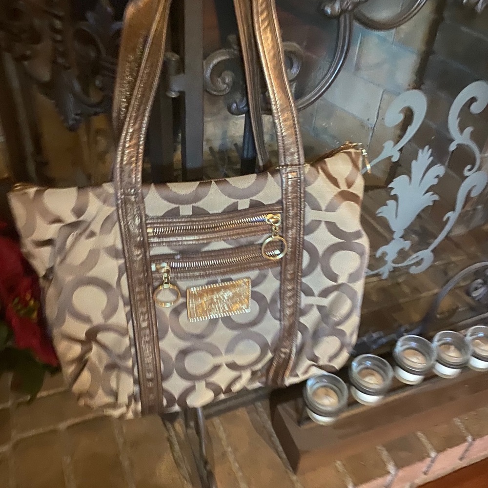 Brown tan Coach poopy shoulder purse